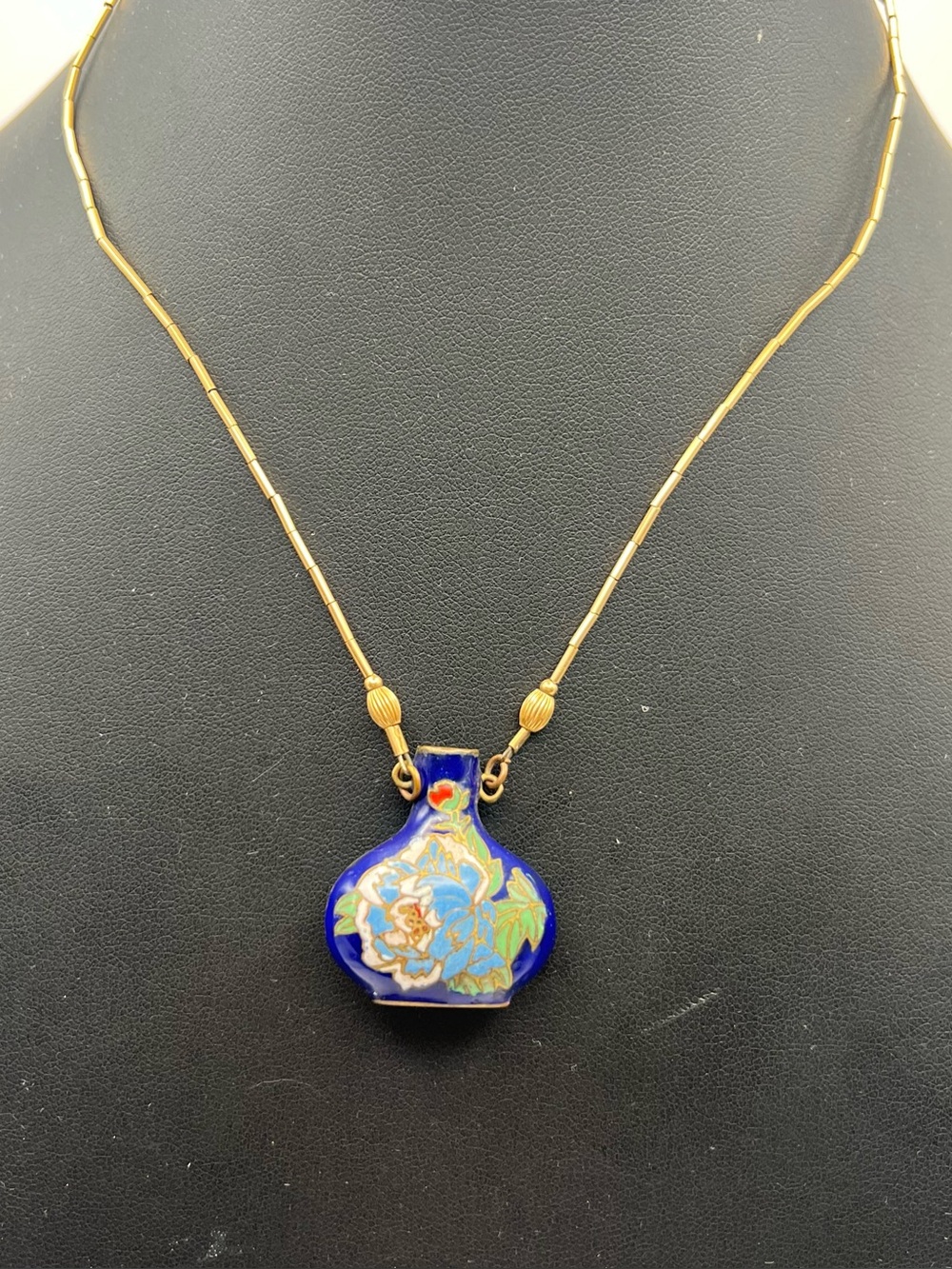 Vintage Miniature Cloisonné Vase Necklace w/ Gold Tone Beads